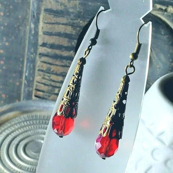 Antique Bronze Filigree Faceted Ruby Red Luster Crystal Teardrop Earrings - Picture 1 of 8
